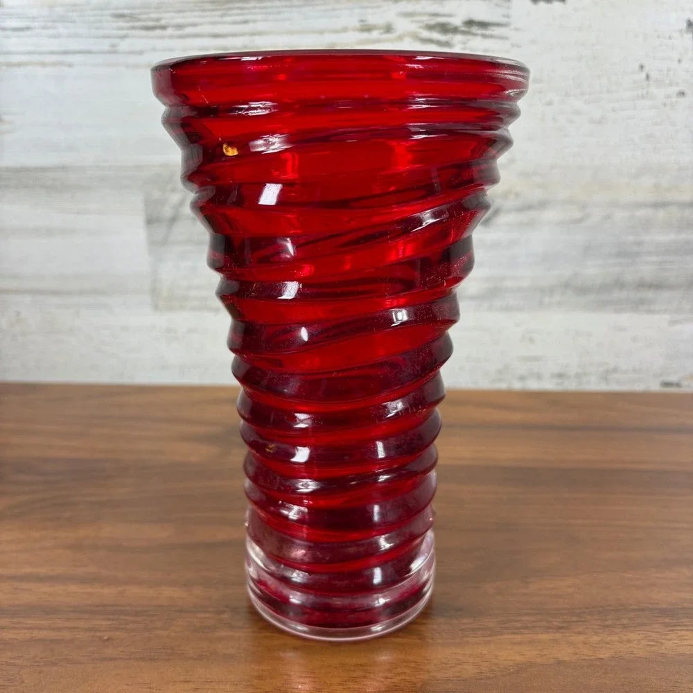FTD Ruby Red‎ Ribbon Spiral Swirl Glass Vase, Vintage, 9